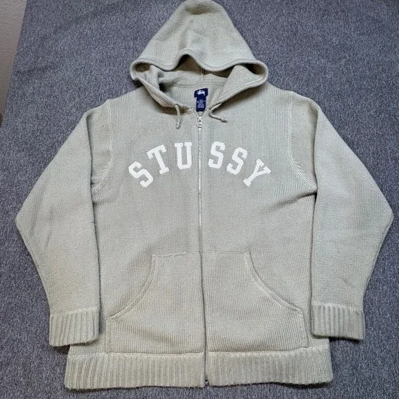 VTG Stussy Wool Blend Chunky Knit Full Zip Hoodie Sweater Mens L Baggy Y2K Skate - Picture 2 of 11